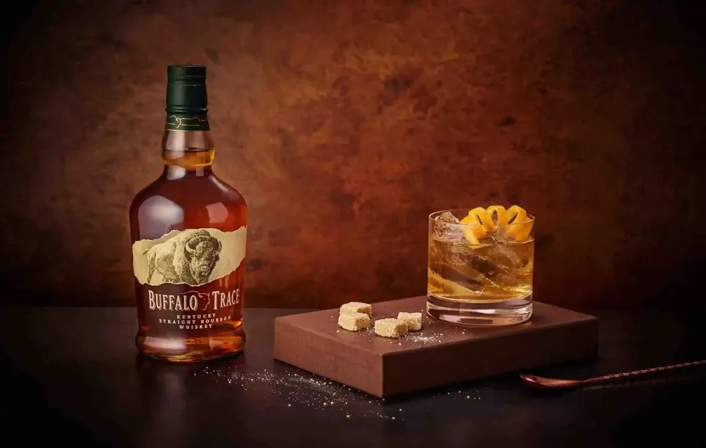 Garrafa de whisky Buffalo Trace ao lado de um copo com drink Old Fashioned decorado com casca de laranja.