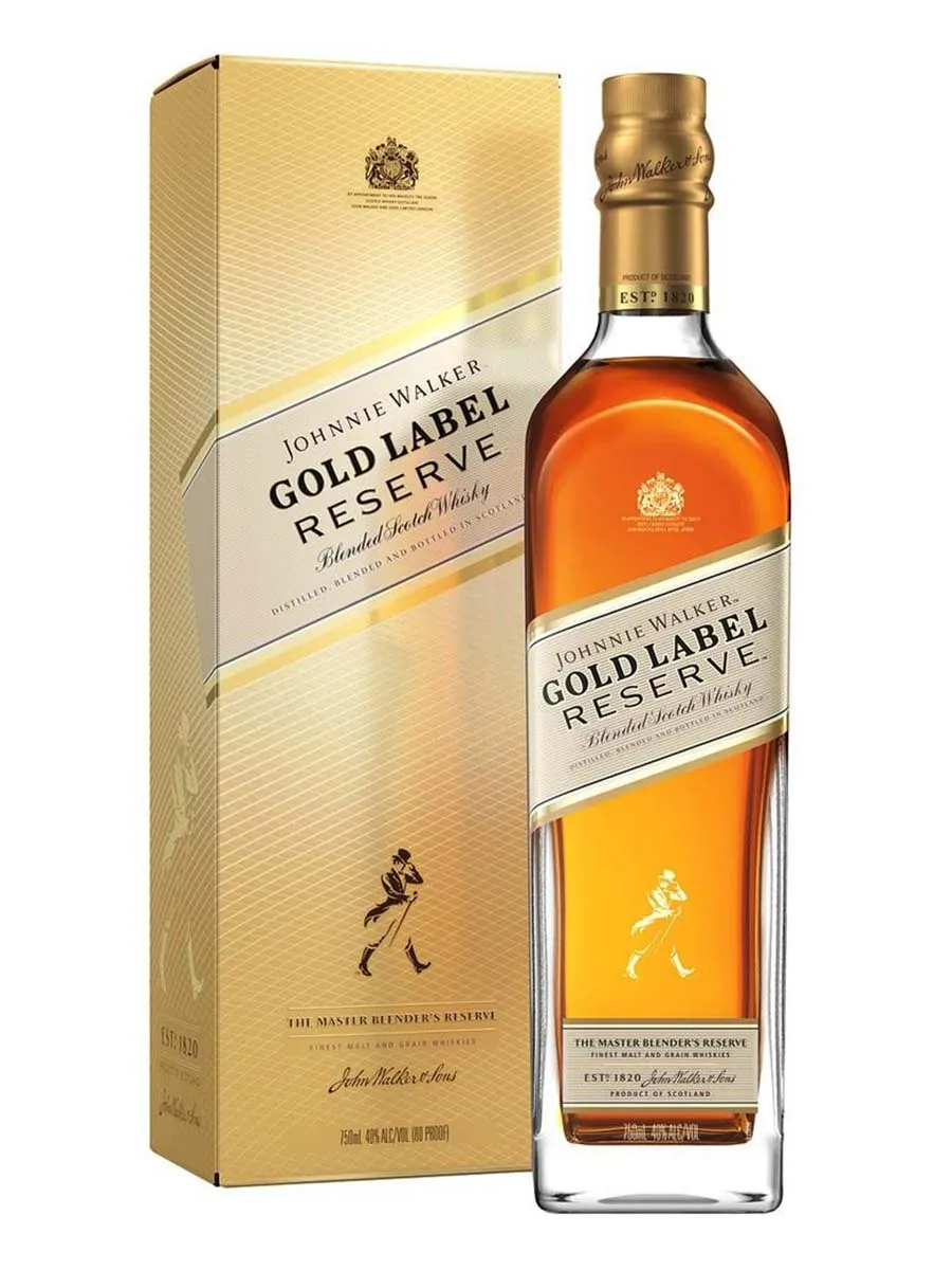 "Garrafa e caixa de Johnnie Walker Gold Label Reserve, whisky escocês premium.