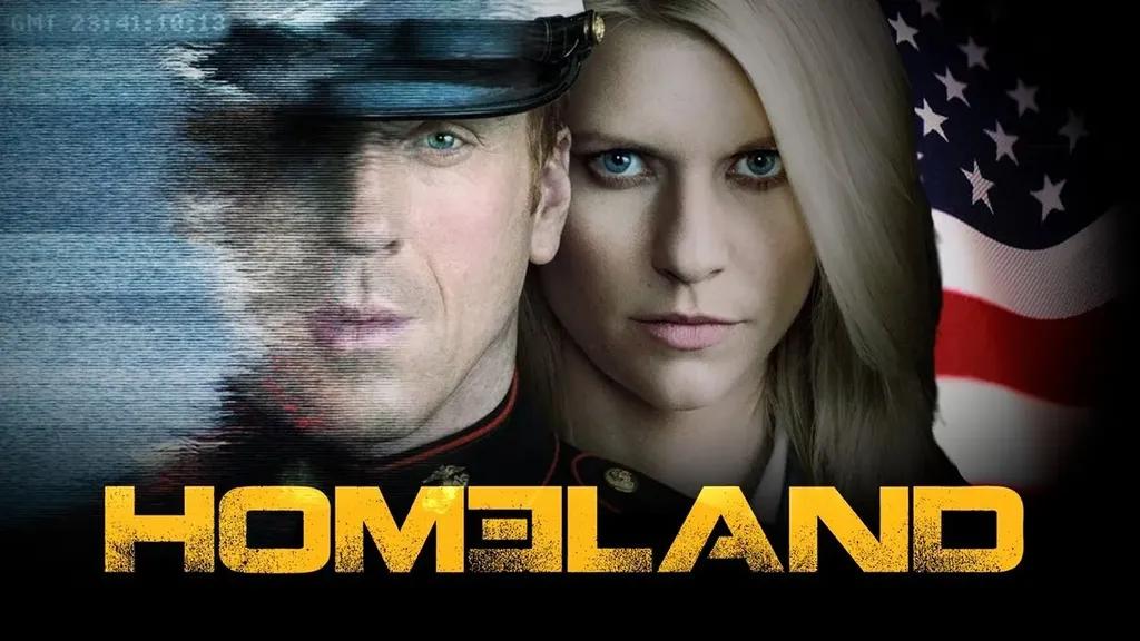 Personagens da série Homeland com a bandeira americana ao fundo