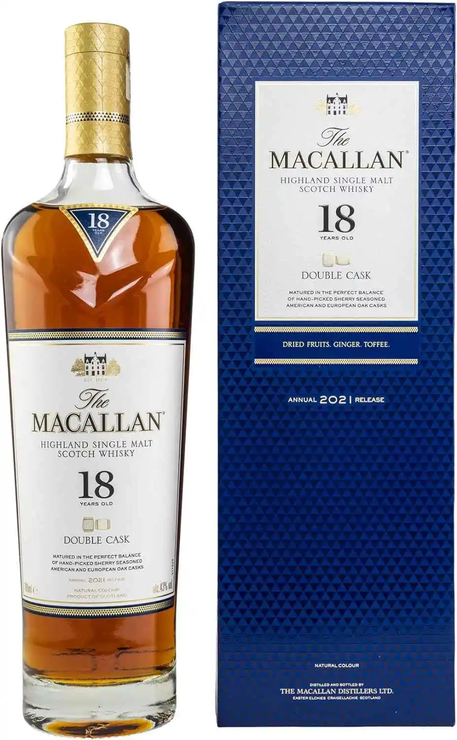 Garrafa e caixa de The Macallan Double Cask 18 Anos.