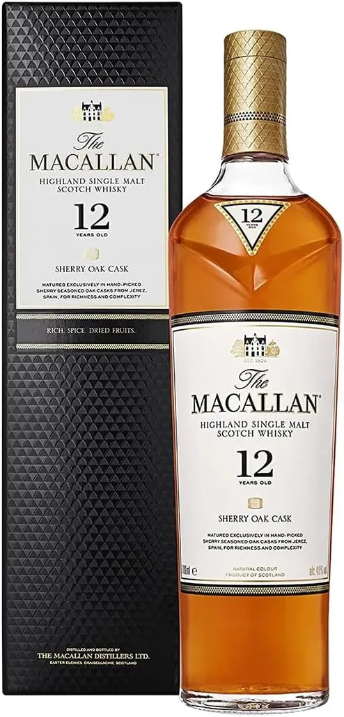 Garrafa e caixa de The Macallan Sherry Oak 12 Anos, whisky escocês single malt.