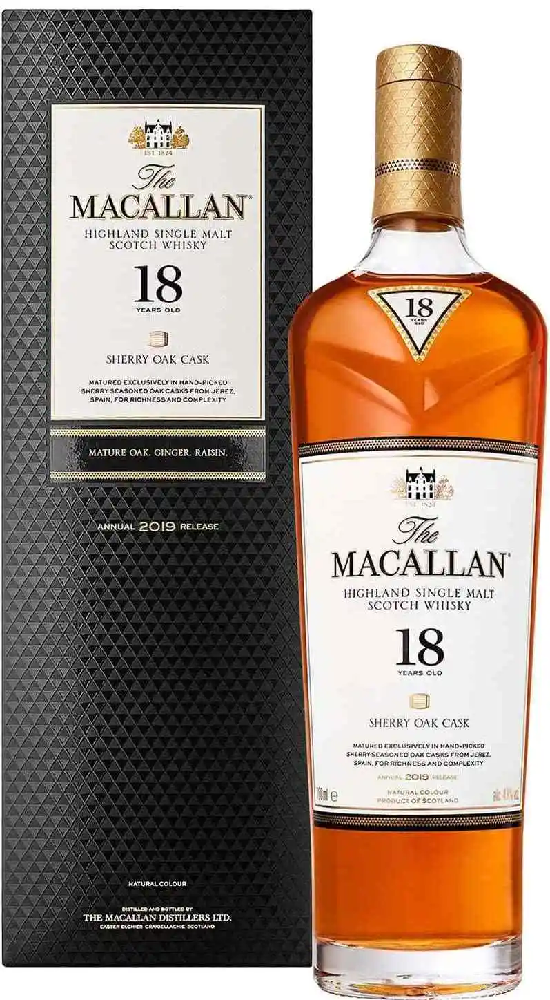 Garrafa e caixa de The Macallan Sherry Oak 18 Anos.