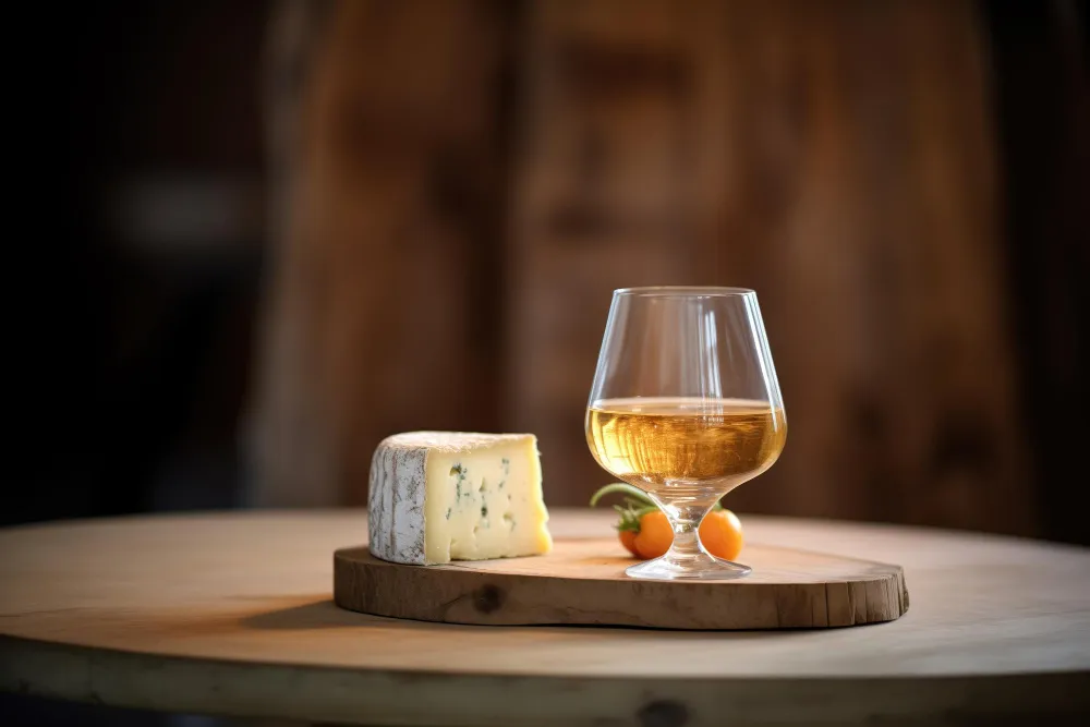 Taça de Whisky Chanceler e pedaço de queijo azul sobre uma tábua de madeira, representando uma harmonização sofisticada.