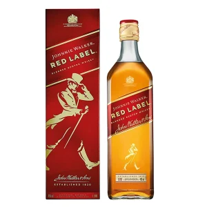 Garrafa de whisky Red Label com caixa.