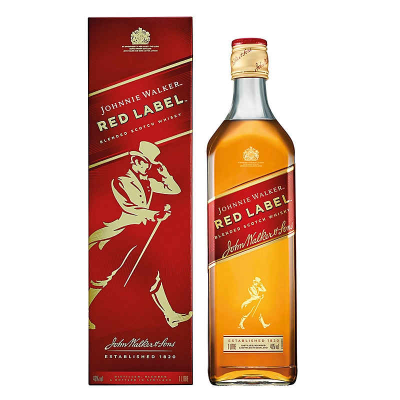 Garrafa de whisky Red Label com caixa.