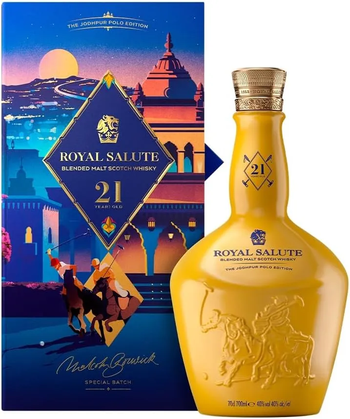 Garrafa e caixa do whisky Royal Salute 21 anos Jodhpur Polo Edition