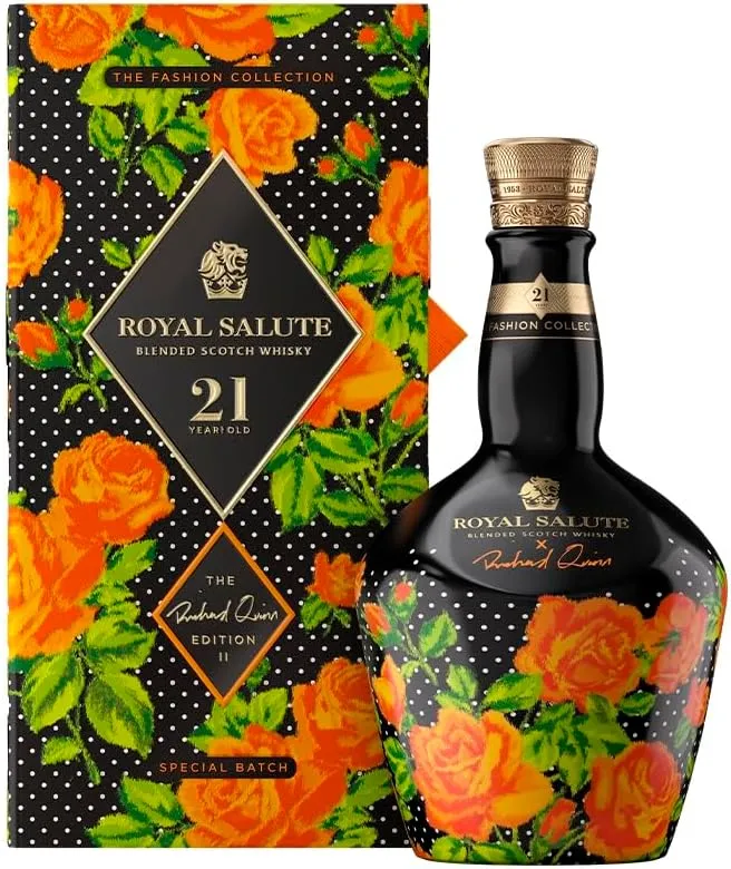 Garrafa e caixa do whisky Royal Salute 21 anos Richard Quinn Orange Rose