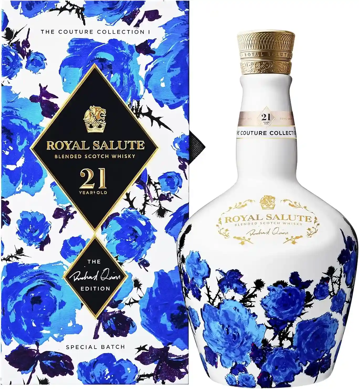 Garrafa e caixa do whisky Royal Salute 21 anos Richard Quinn White