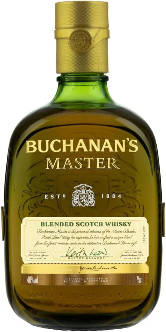 Garrafa de Whisky Buchanan's Master Blended Scotch Whisky, seleção pessoal do Master Blender Keith Law