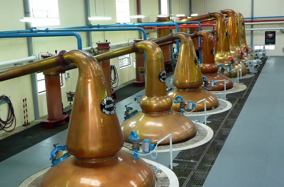 Alambiques de cobre utilizados na destilação do whisky Glenfiddich.