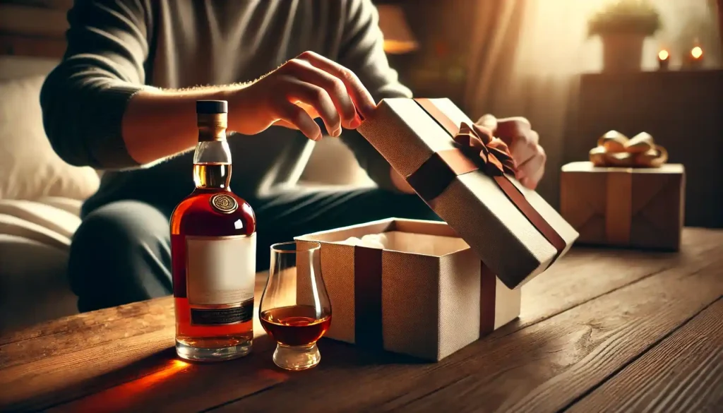 Melhores whiskys para presentear: 8 sugestões atualizadas com garrafa de whisky em destaque e presente sendo aberto.