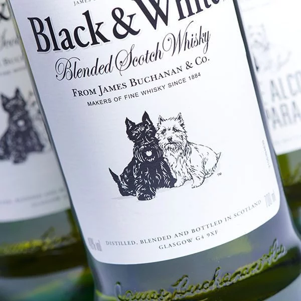 Rótulo do whisky Black & White com terriers preto e branco, ícones da marca.