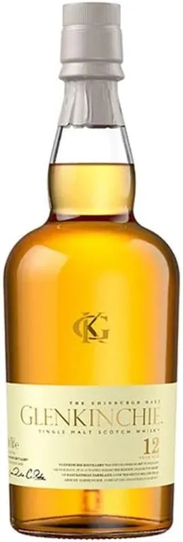 Garrafa do Glenkinchie 12 Anos, um single malt escocês conhecido pelo seu sabor suave e elegante, com destaque para sua tonalidade dourada.