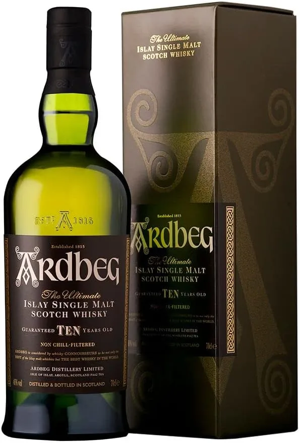 Garrafa de Whisky Ardbeg 10 Anos Islay Single Malt com embalagem, destilado na Escócia.