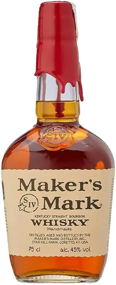 Garrafa de Maker's Mark Bourbon Whisky, destacando o famoso lacre de cera vermelha.