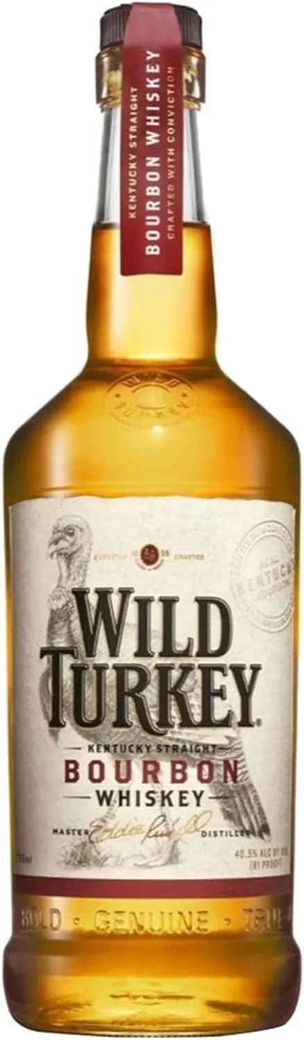 Garrafa de Wild Turkey Bourbon Whiskey, destacando seu rótulo tradicional.