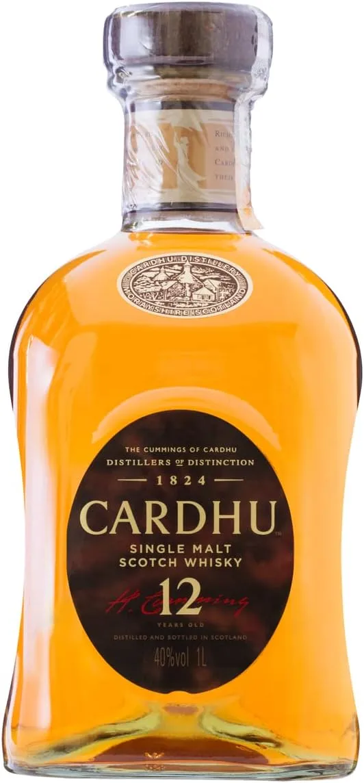 Garrafa de Cardhu 12 Anos, um single malt escocês de Speyside, reconhecido por seu sabor suave e notas de frutas.