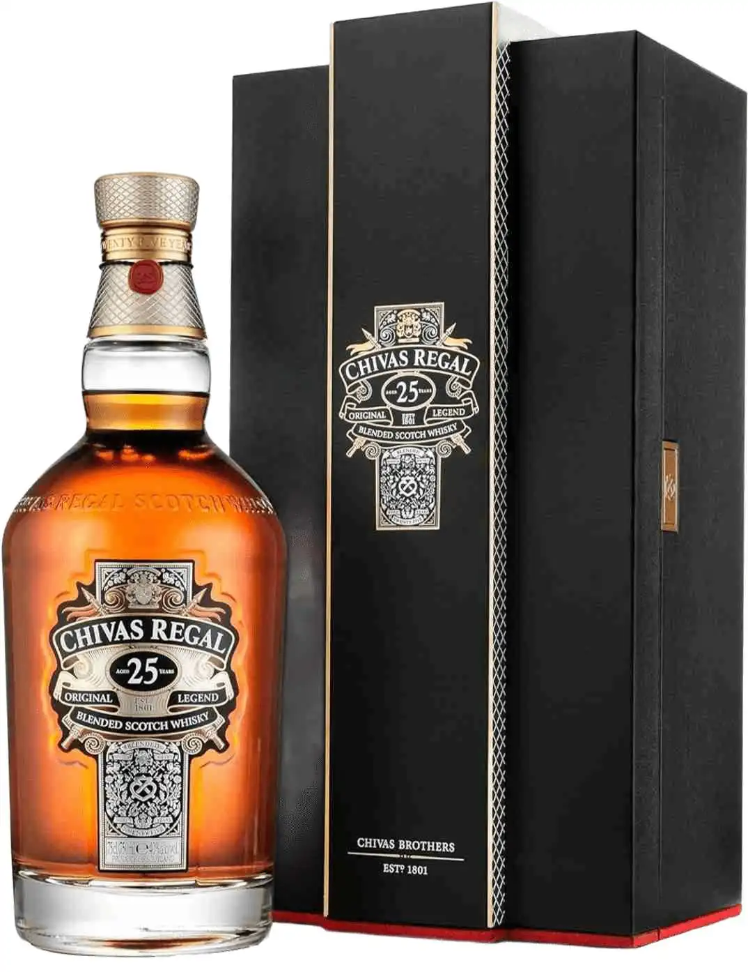 Whisky Chivas Regal 25 anos em embalagem elegante.