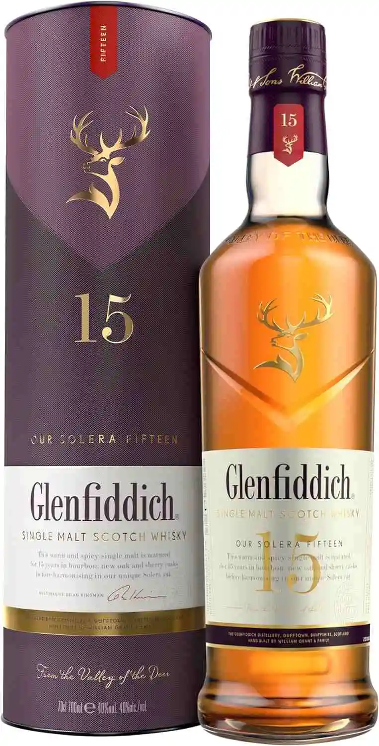 Garrafa de whisky Glenfiddich 15 anos.