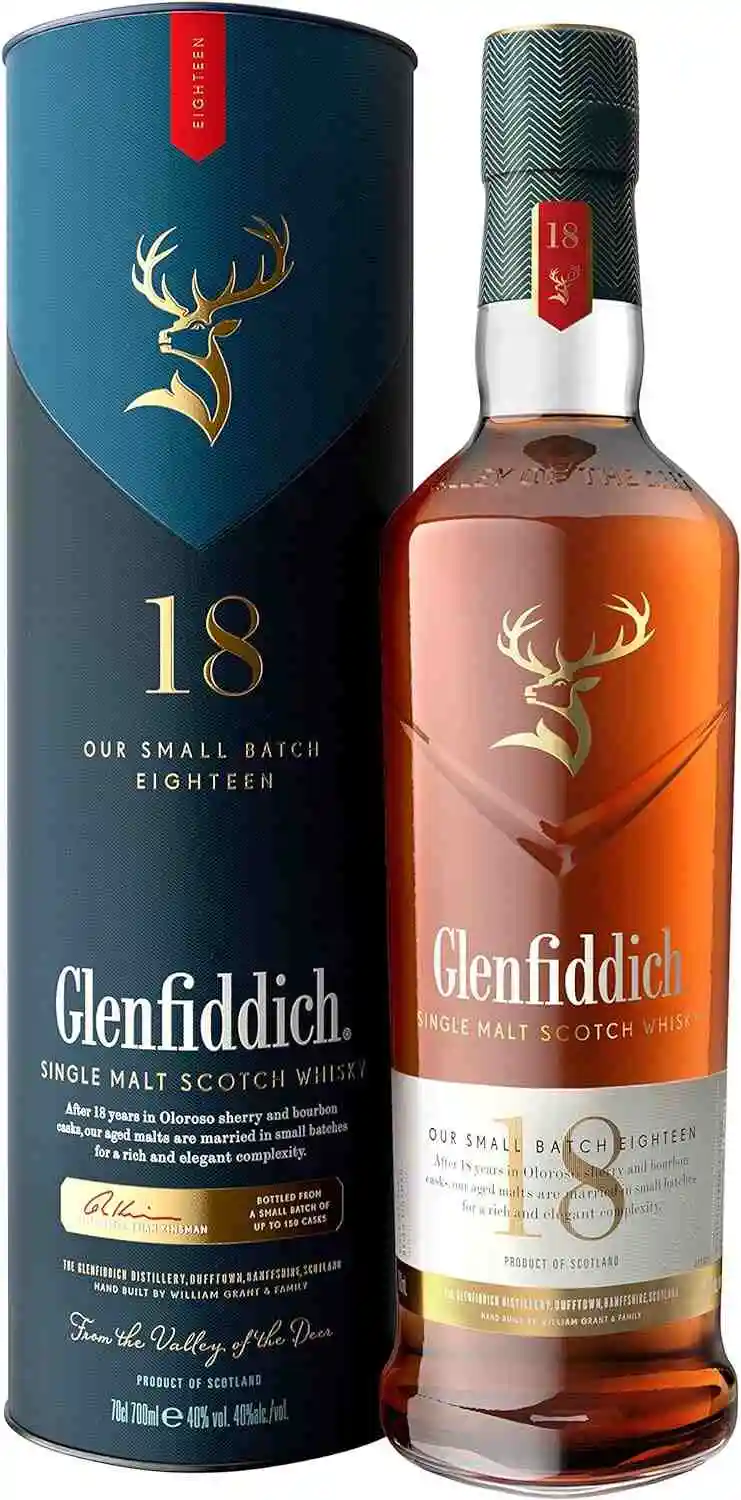 Garrafa de whisky Glenfiddich 18 anos.