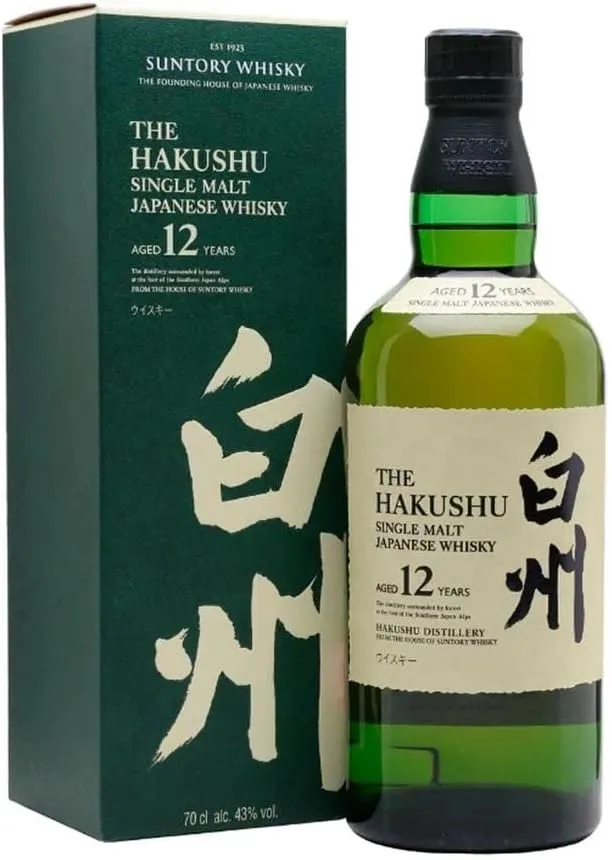  Garrafa de The Hakushu 12 Anos, um single malt japonês renomado, acompanhado de sua caixa verde.