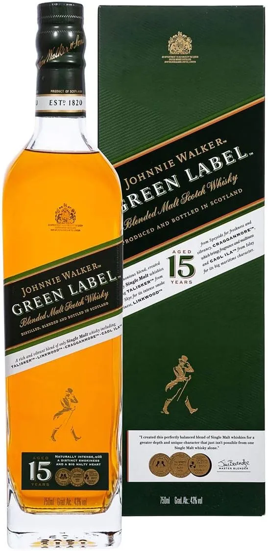 Garrafa de Johnnie Walker Green Label 15 anos com sua embalagem original.