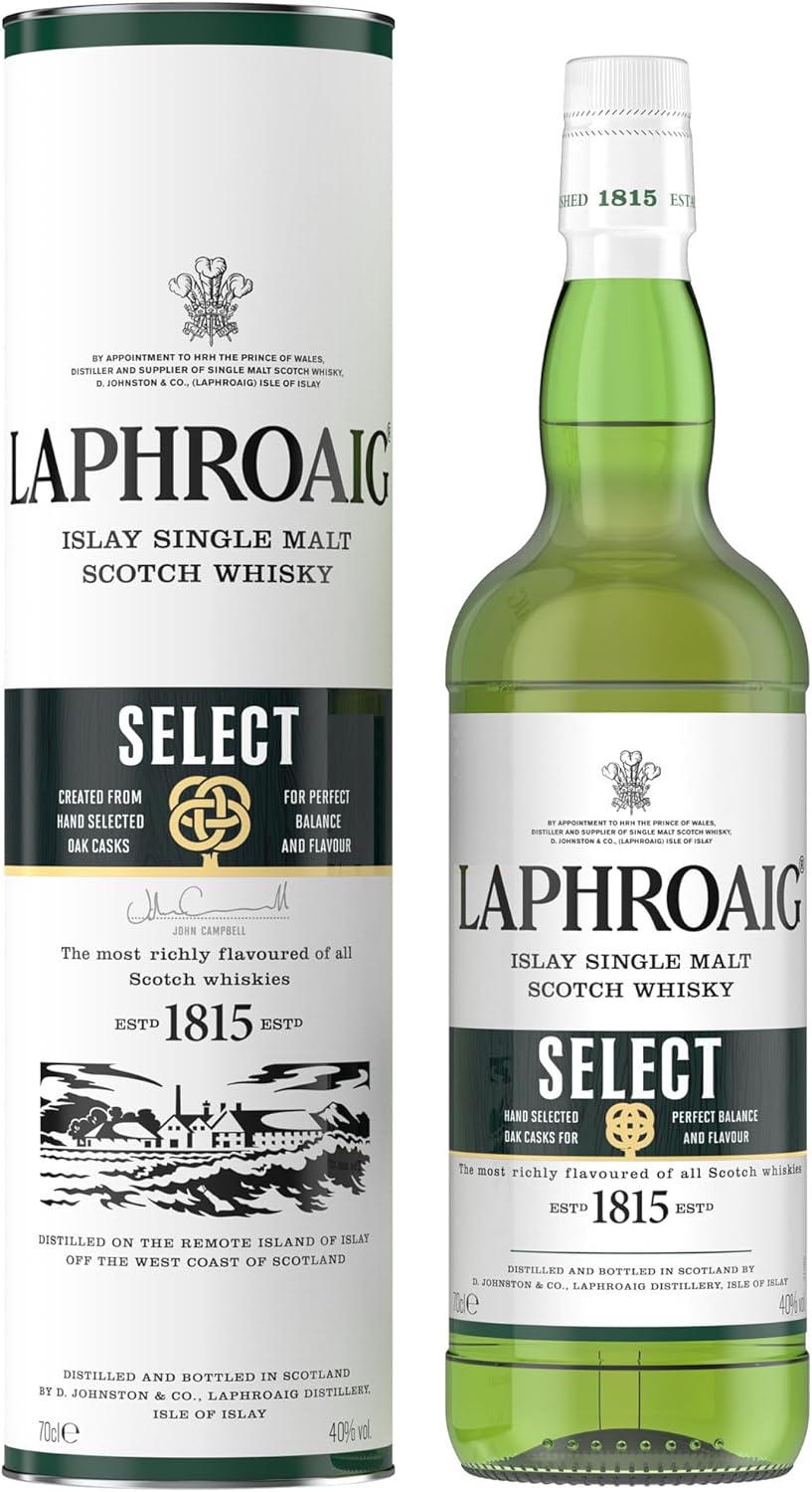 Imagem da garrafa e embalagem de whisky Laphroaig Select Single Malt Scotch.