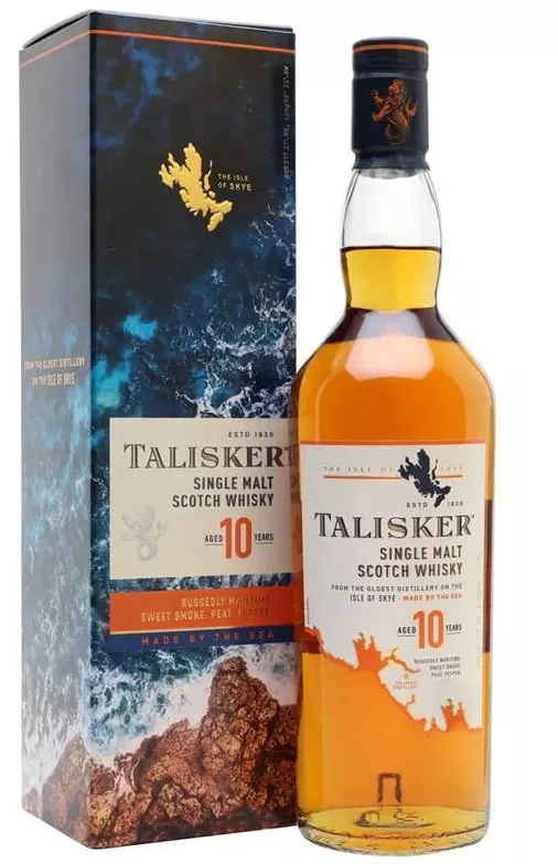 Garrafa de Talisker 10 Anos Single Malt Scotch Whisky.