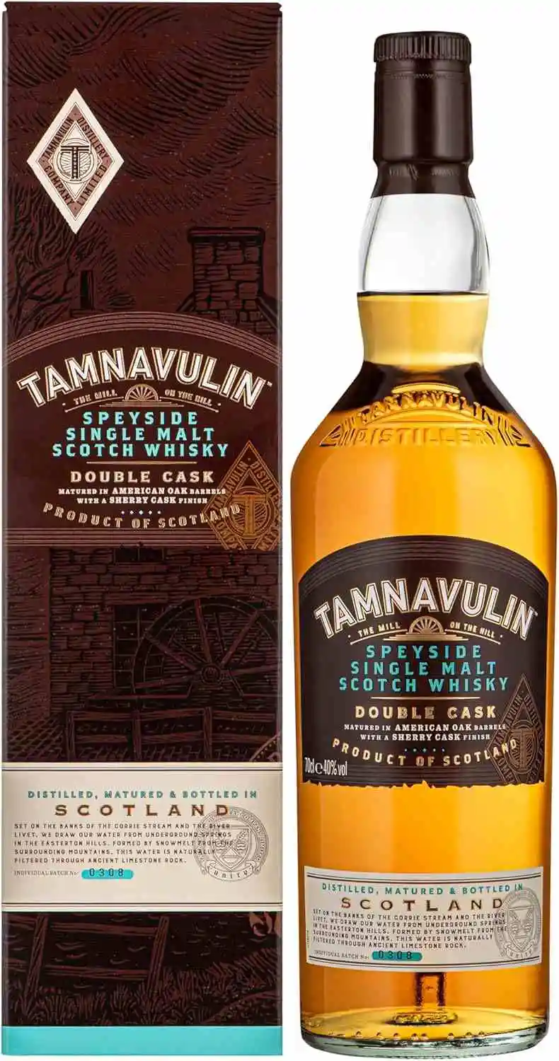 Garrafa de Tamnavulin Speyside Single Malt Scotch Whisky com embalagem.