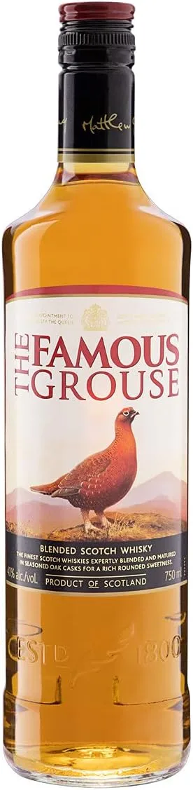 Garrafa de Whisky The Famous Grouse Blended Scotch, produto escocês de 750ml, com teor alcoólico de 40%.