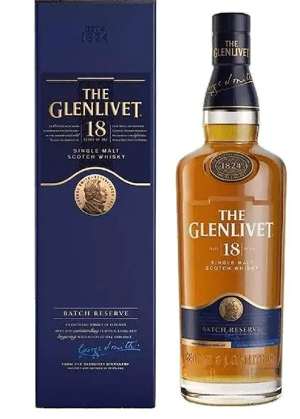 The Glenlivet 18 anos single malt scotch whisky com embalagem.