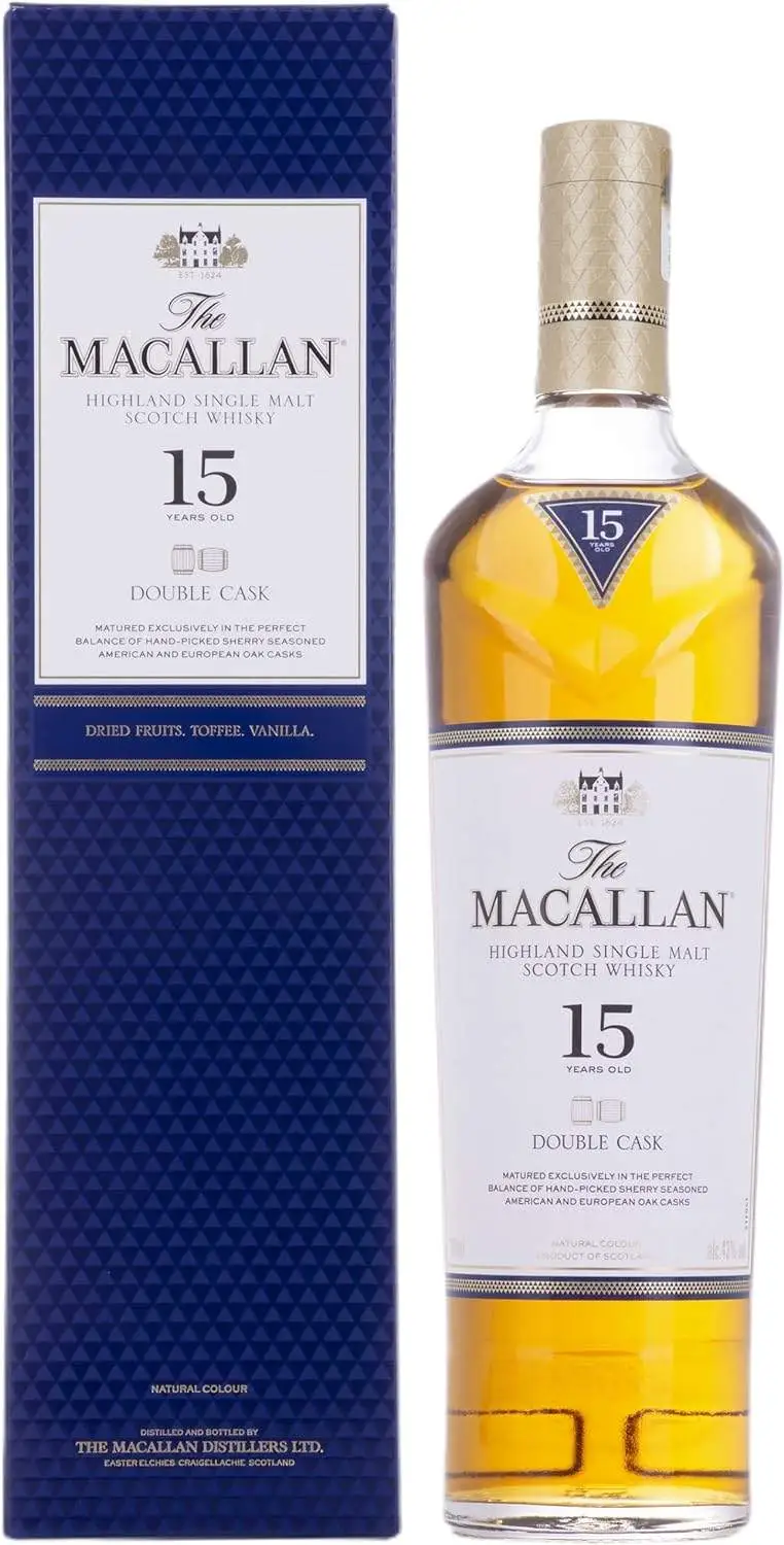 Garrafa de Whisky The Macallan 15 Anos Double Cask ao lado de sua embalagem.