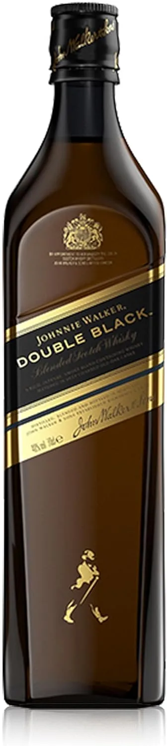 Garrafa de whisky Double Black Label - Blended Scotch com sabor defumado.