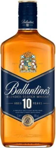 Garrafa de Ballantine’s 10 Anos Blended Scotch Whisky, rótulo azul e dourado, 40% vol.