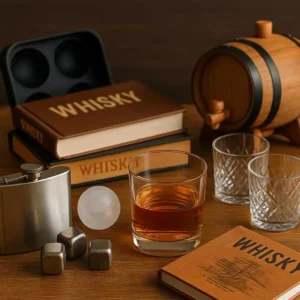 Acessórios para whisky incluindo copo, livro sobre whisky e formas de gelo sobre uma mesa, representando itens usados por apreciadores da bebida.